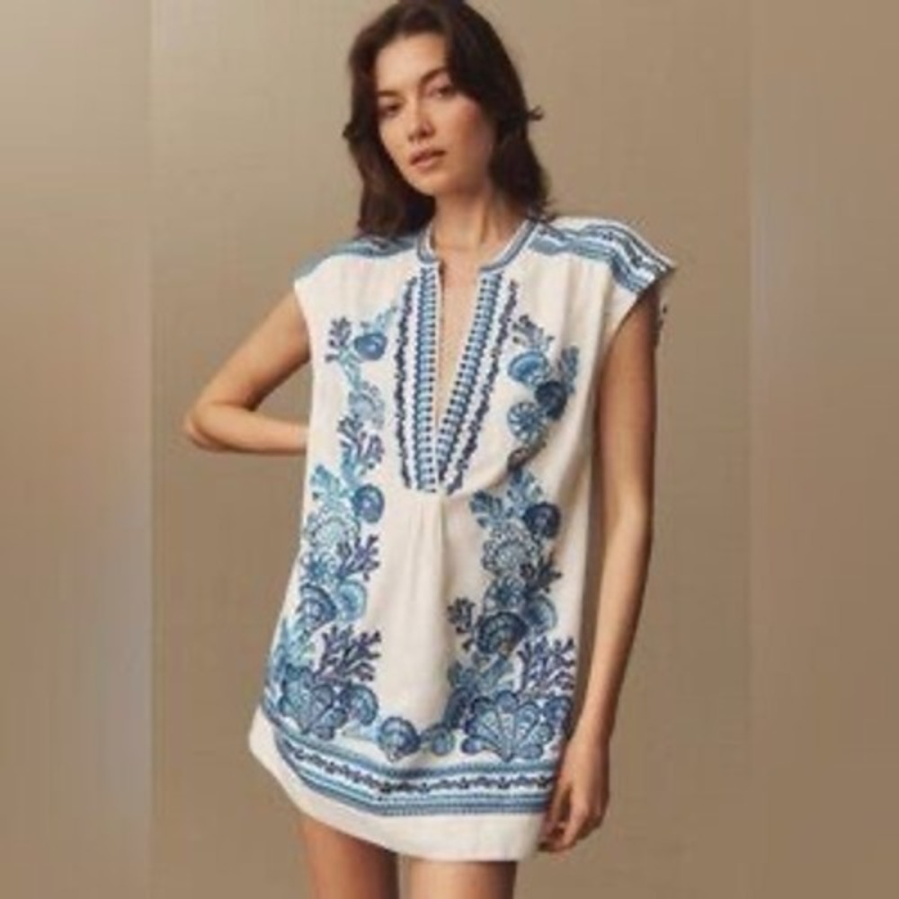 Maeve White Mini Dress with Blue Floral Embroidery